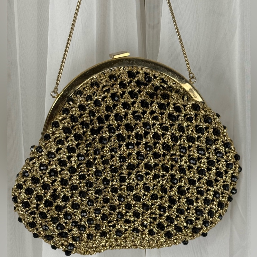 Vintage Gold Beaded Evening Bag Black Beads Frame Clutch Chain Strap